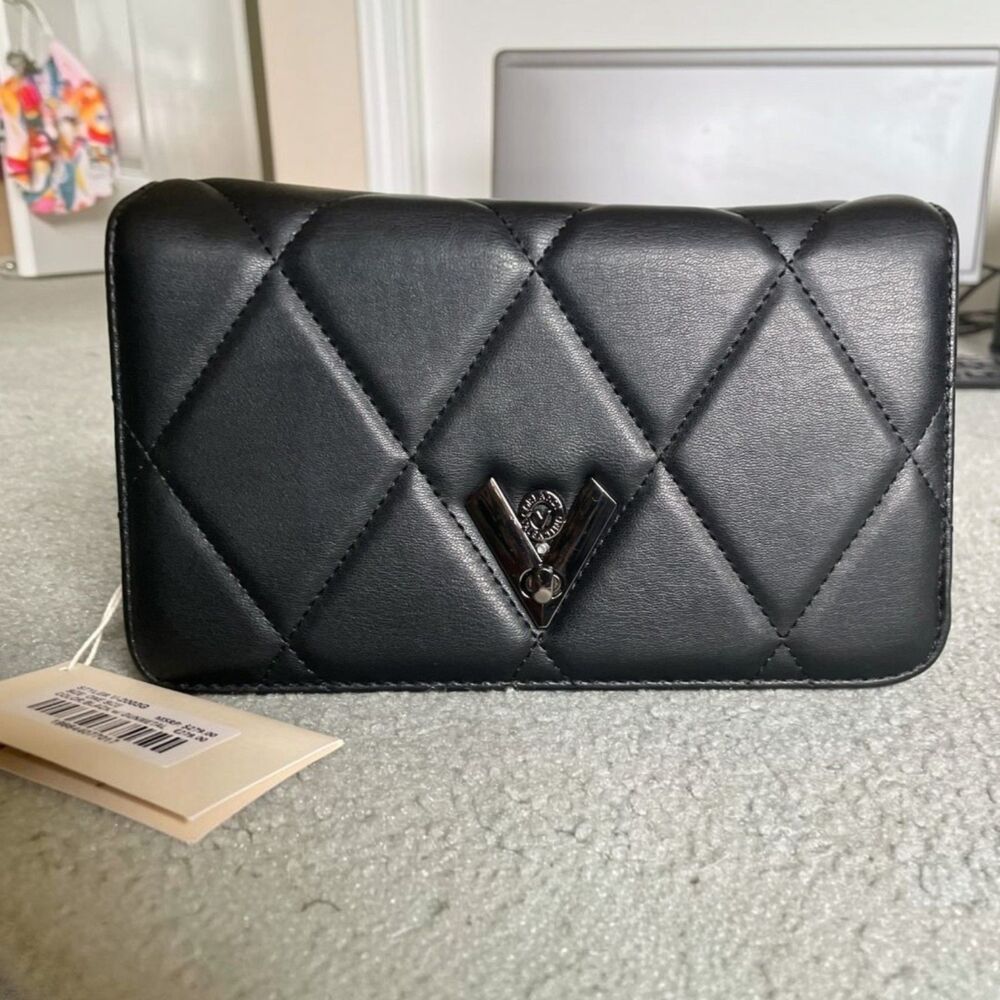 Valentino Orlandi Black Quilted Crossbody Bag Vegan Leather Shoulder Handbag NEW